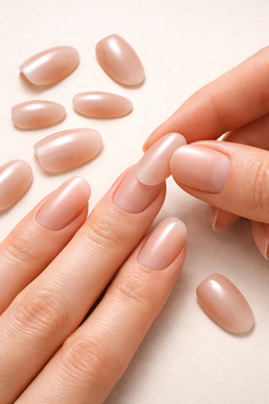 Hand comparing press-on nail sizes for proper fit on natural nails