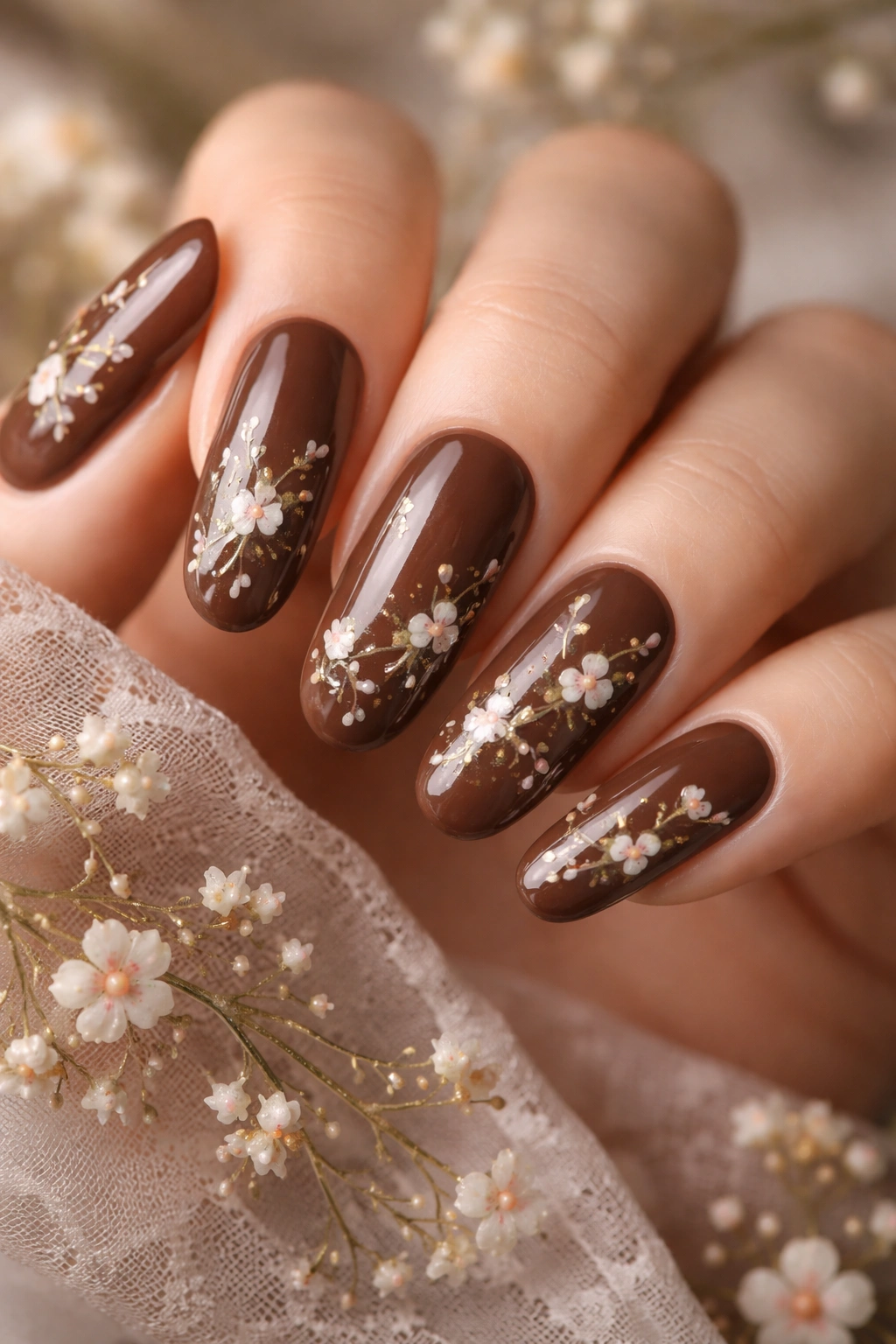 Chocolate brown nails with delicate floral art on long round nails