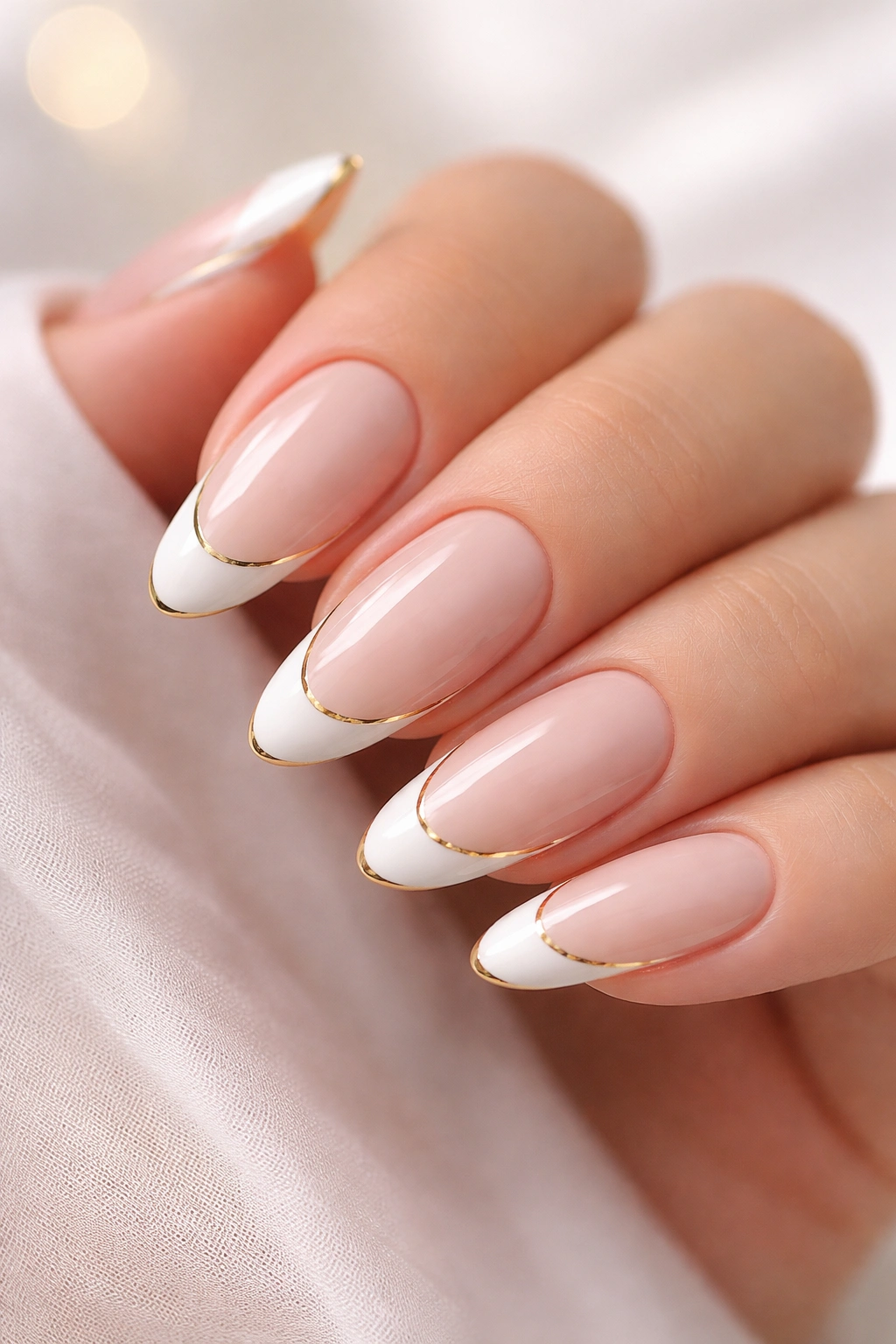 Close-up of almond nails with crisp white tips and a thin gold border