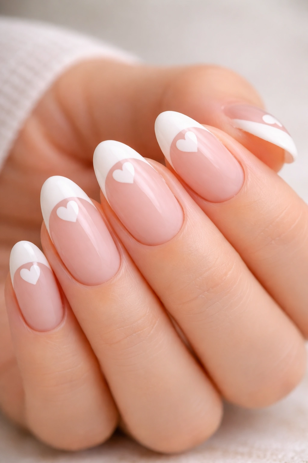 Close-up of short almond nails with sheer pink base and white heart tips