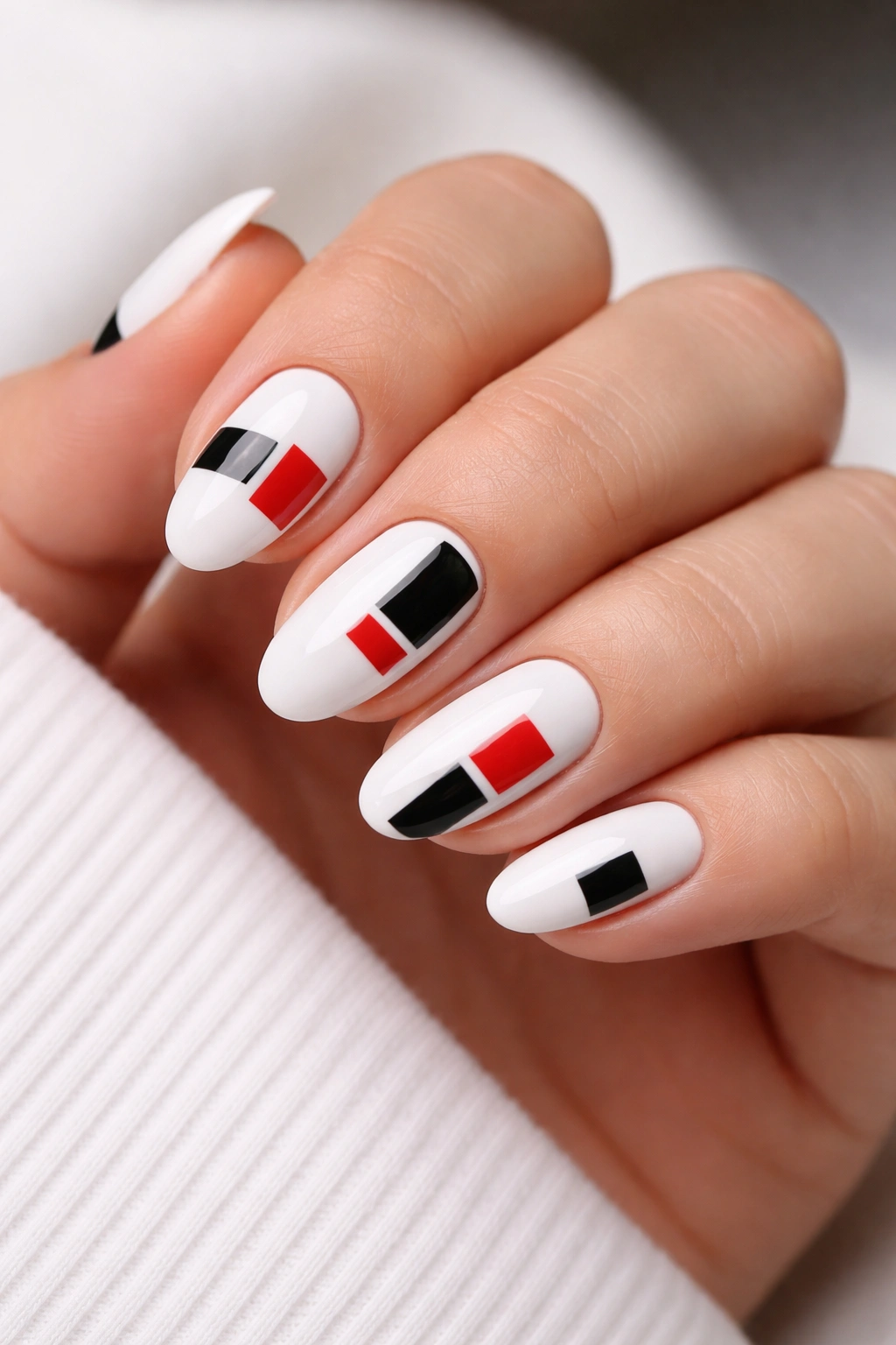 Close up of short white almond nails with black and red geometric blocks, glossy finish