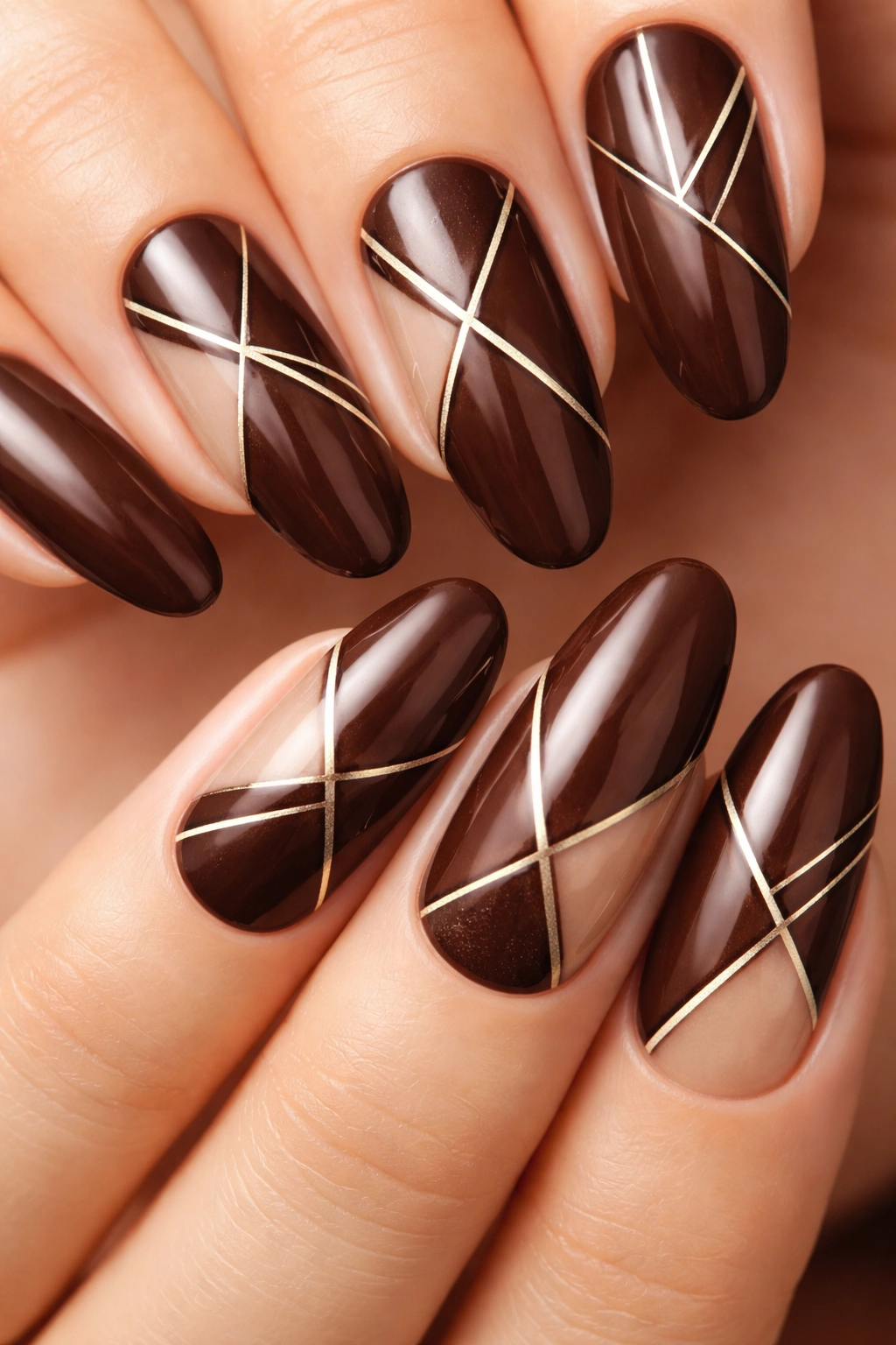 Nails with geometric line work and negative space on chocolate brown base