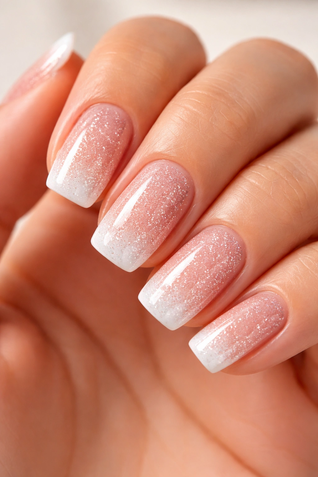 Close-up of glitter fade tips on short squoval nails