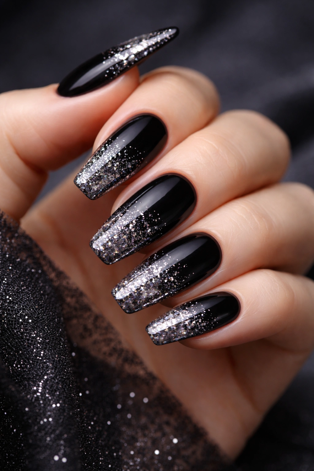 Close-up of black glitter ombre nails with glitter at tips