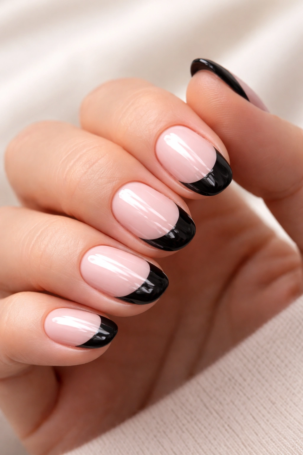 Close-up of short oval nails with glossy black tips on a milky pink base