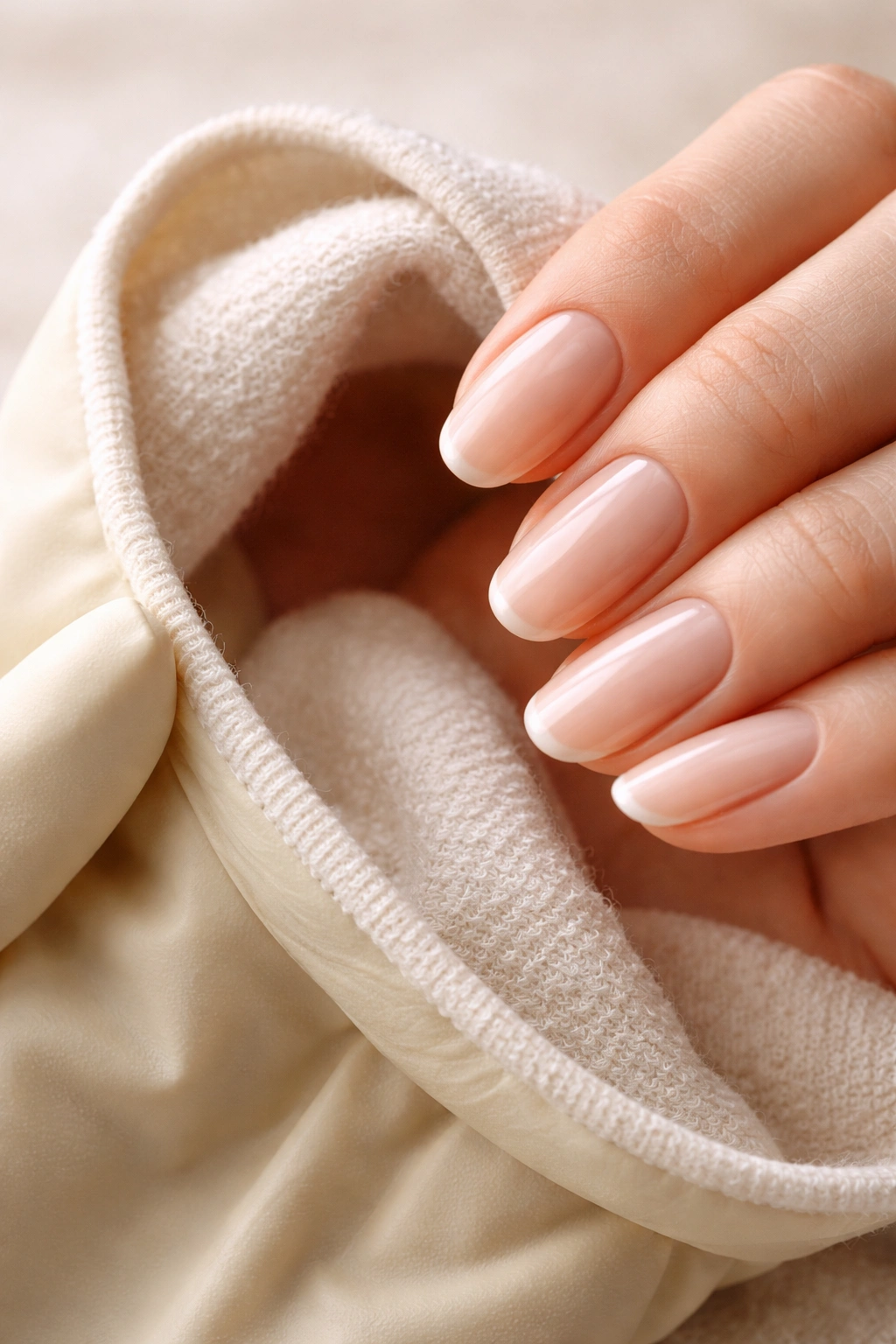 Hand with neatly manicured nails protected by a light glove