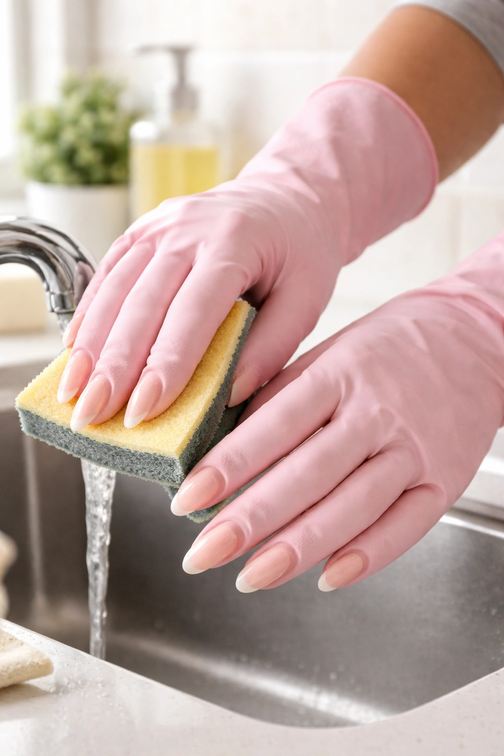 Hands wearing gloves showing protected nails during cleaning