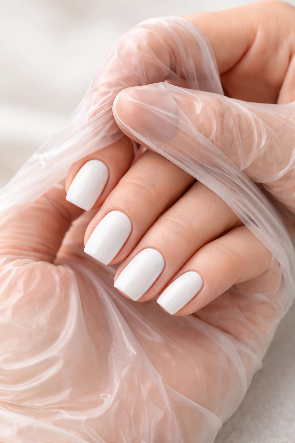 Hand with manicured nails protected by translucent glove showing nails