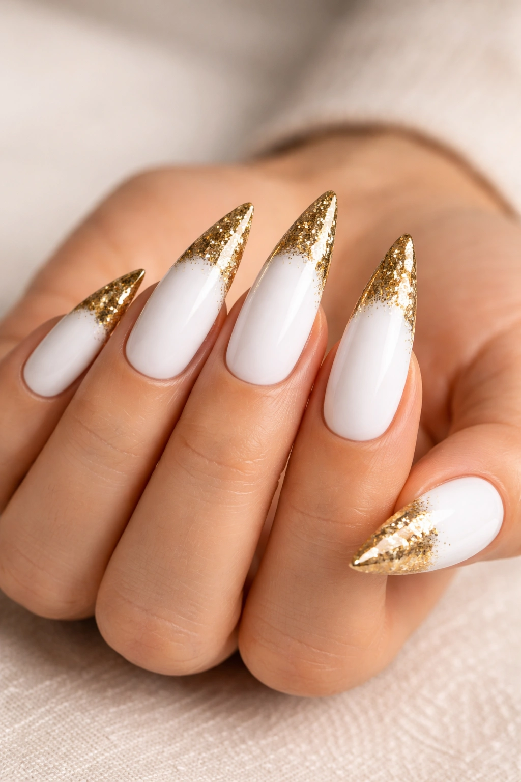 White stiletto nails with chunky gold-dipped tips