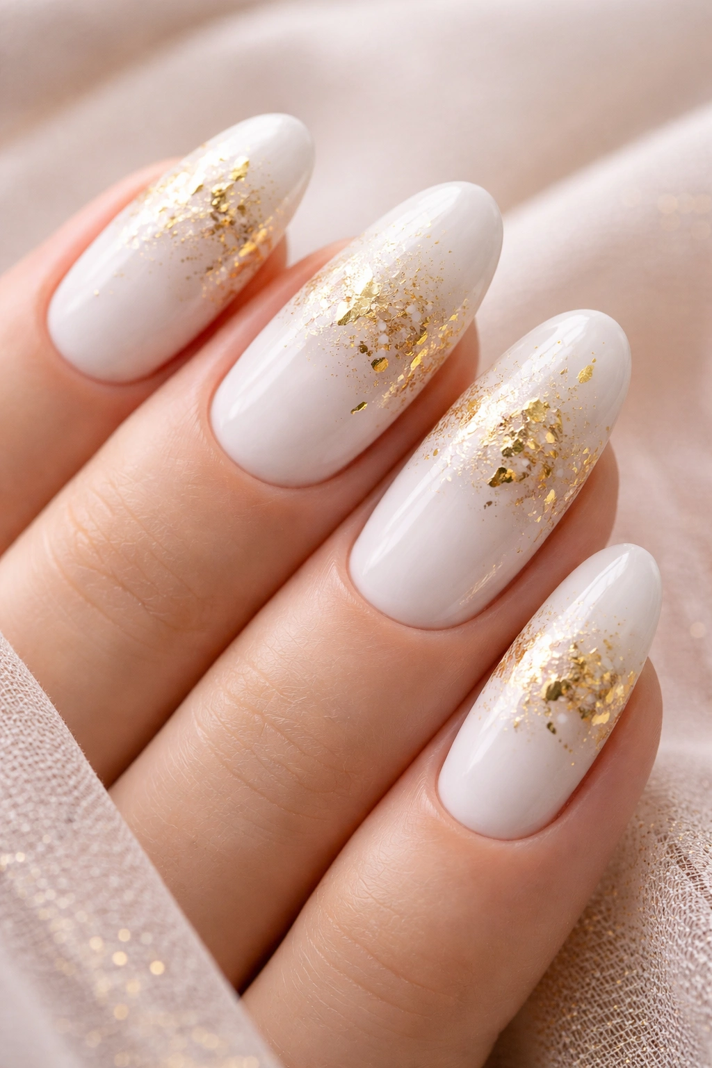 White nails with delicate gold foil accents