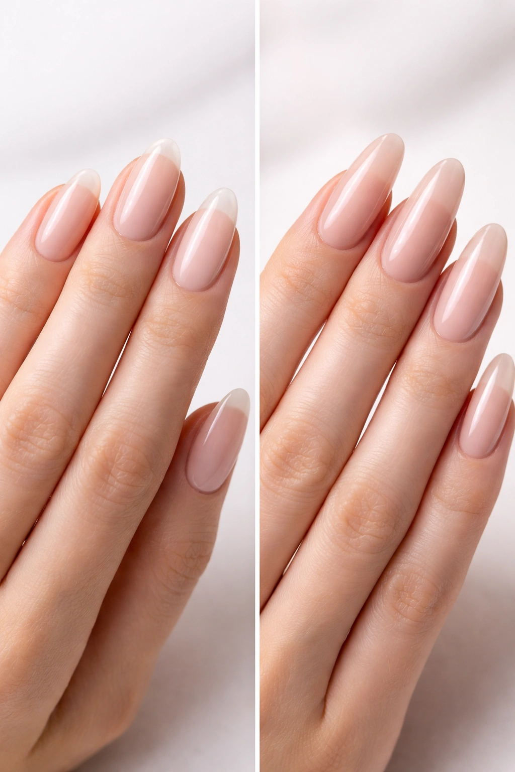 Close-up of natural oval nails on one hand and extension nails on the other, illustrating the choice between growth and extensions