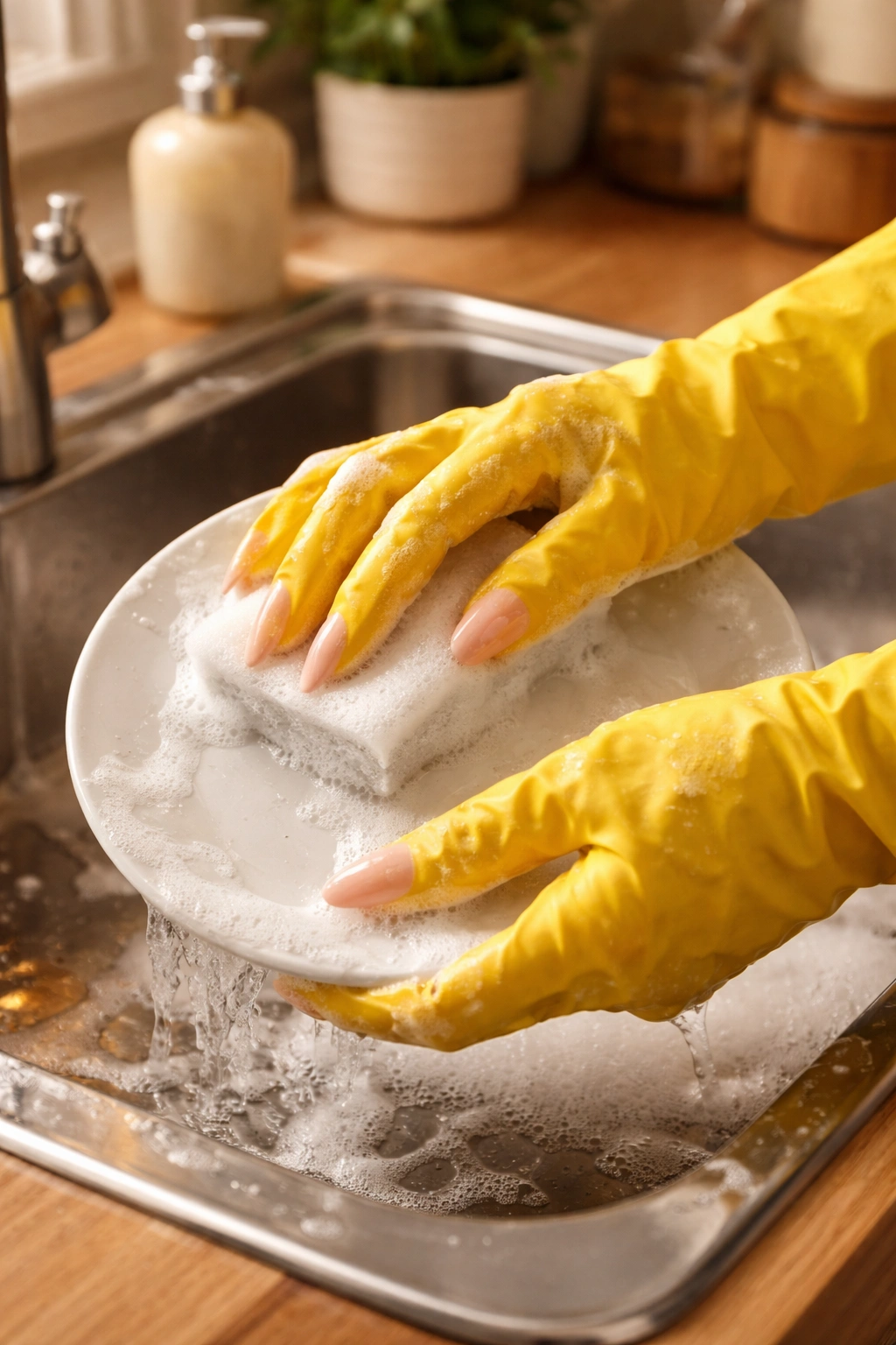 Hands in yellow gloves protecting nails while washing dishes
