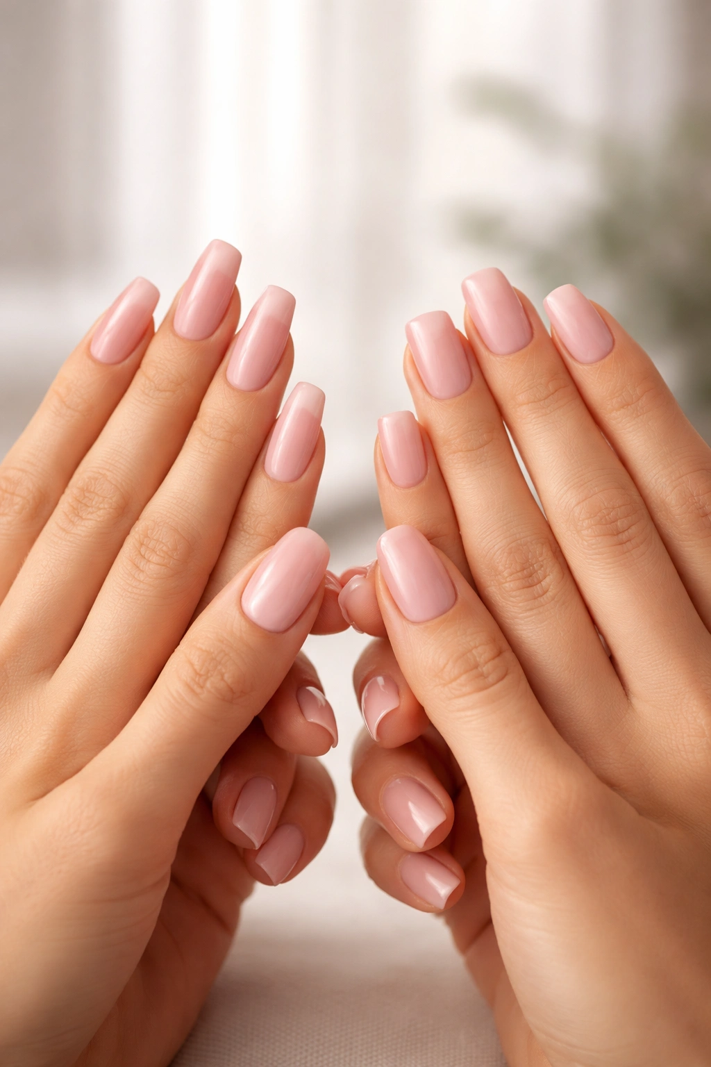 Hands comparing coffin nails and squoval nails to determine best shape for hand