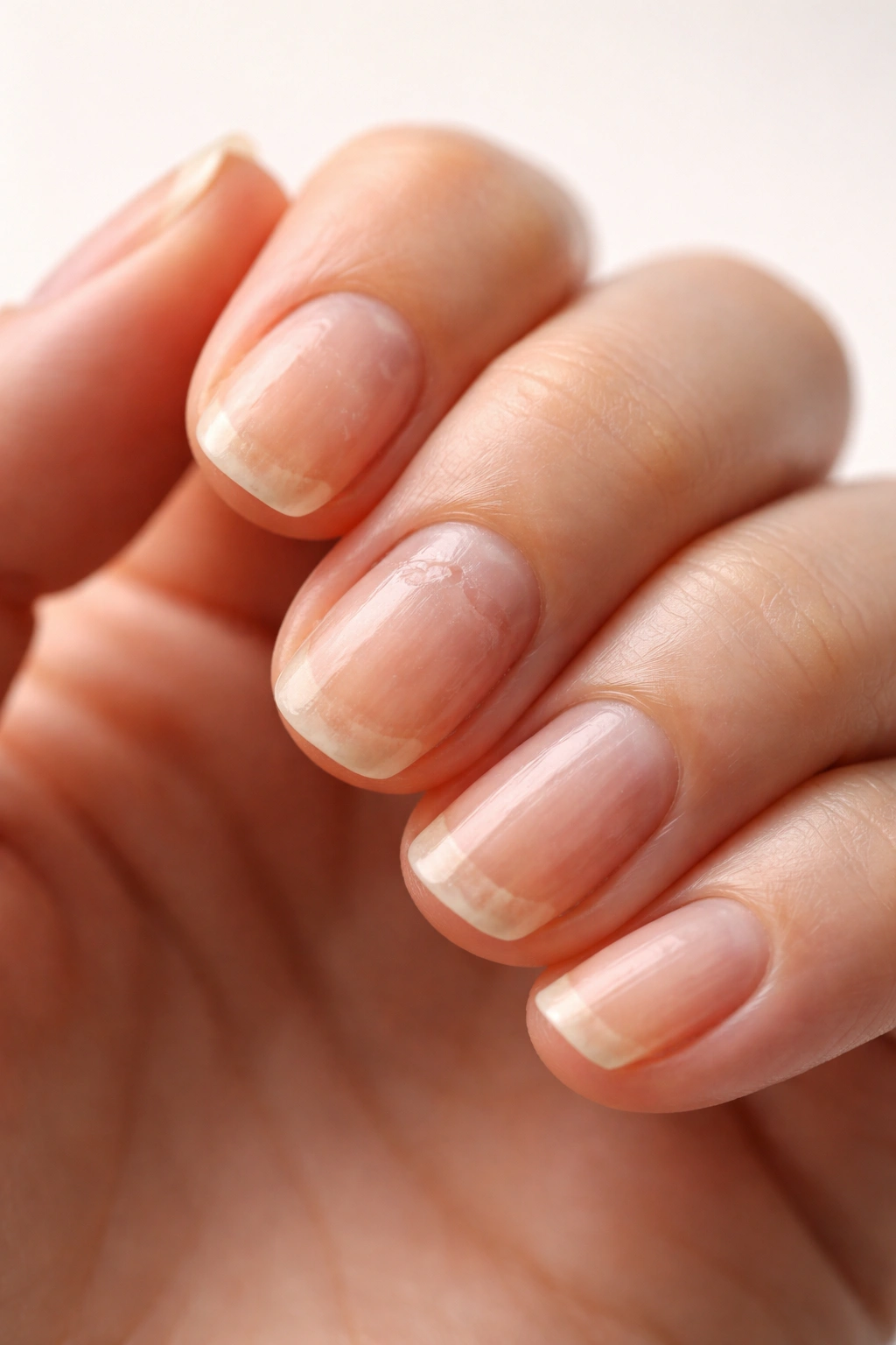 Close-up of nails showing brittleness and pits on a hand