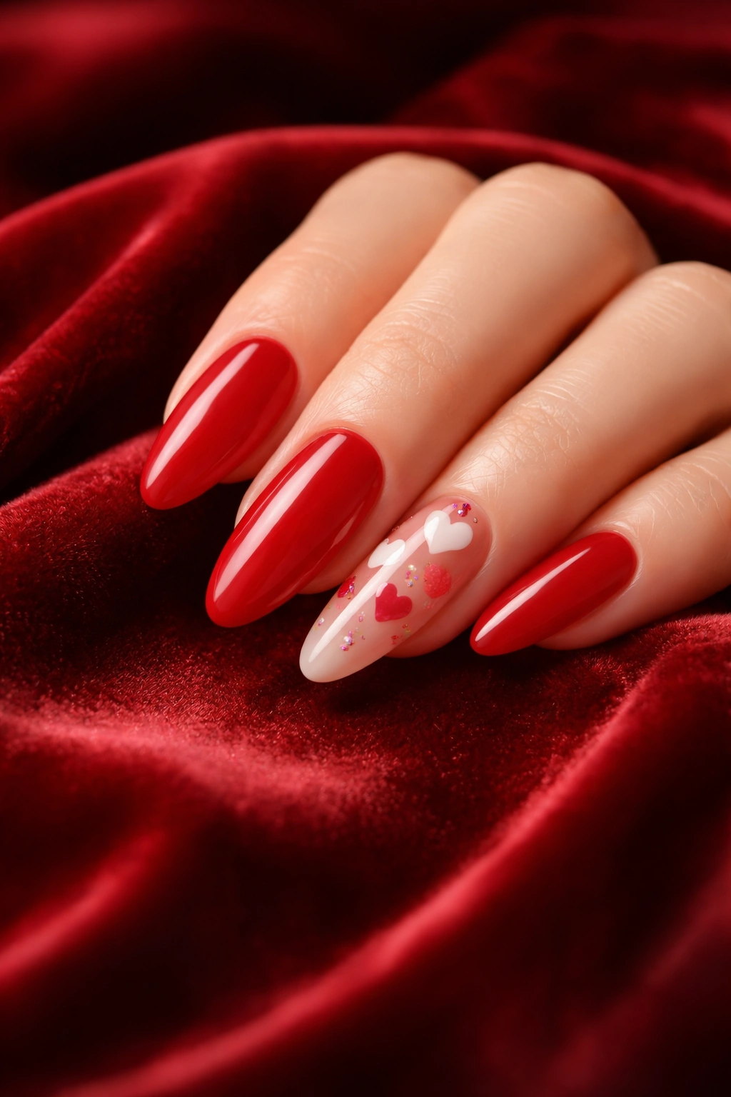 Close-up of a hand with long rounded nails featuring heart accents in a red glossy manicure
