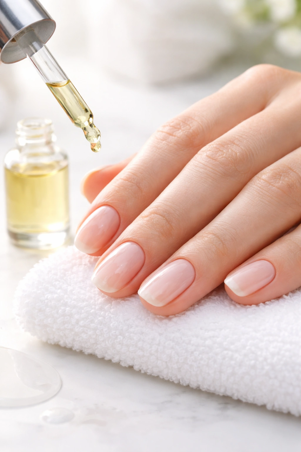 Close-up of a hand with hydrated nails and cuticle oil nearby