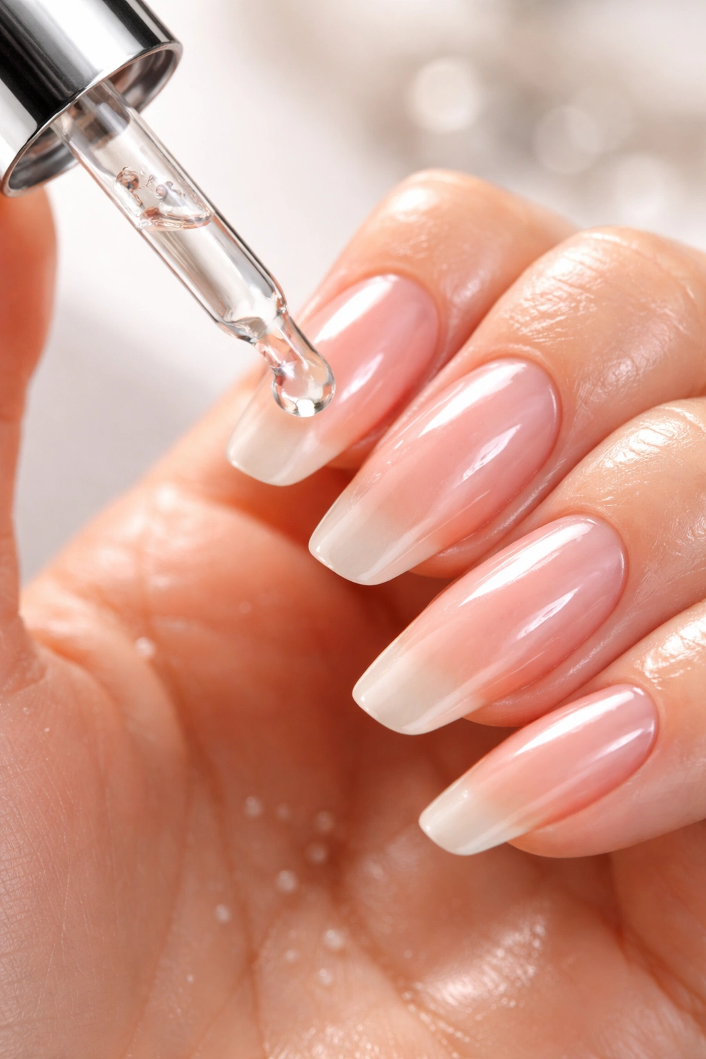 Nails being moisturized with serum on damp nails