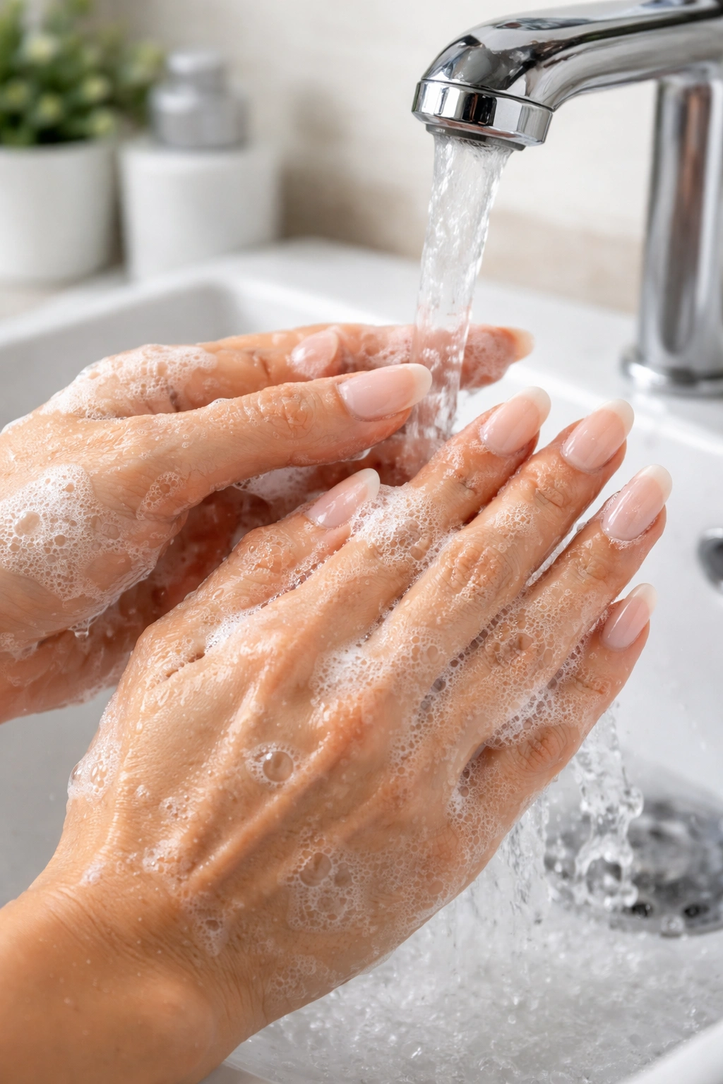 Hands washing with soap and nails exposed