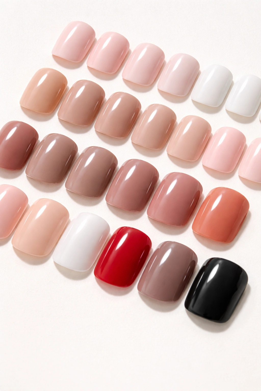 Close-up of Nails Inc. press-on squoval gel manicure nails in neutral colors