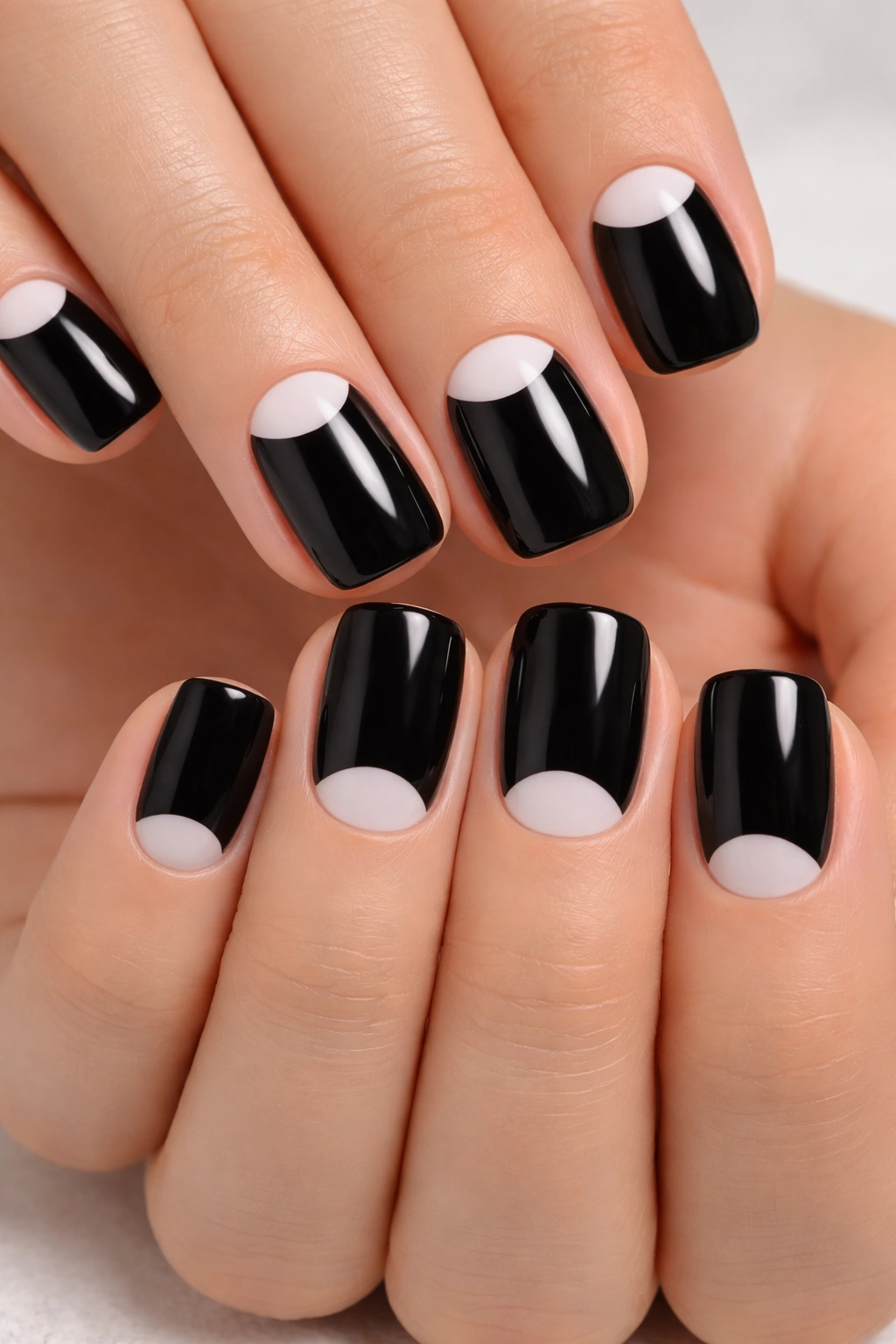 Close-up of black squoval nails with white base at the cuticles