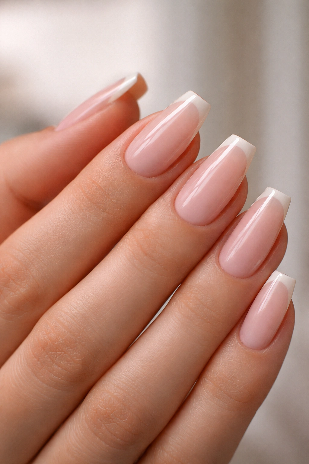 Close-up of light pink ballerina nails with an ivory micro French tip