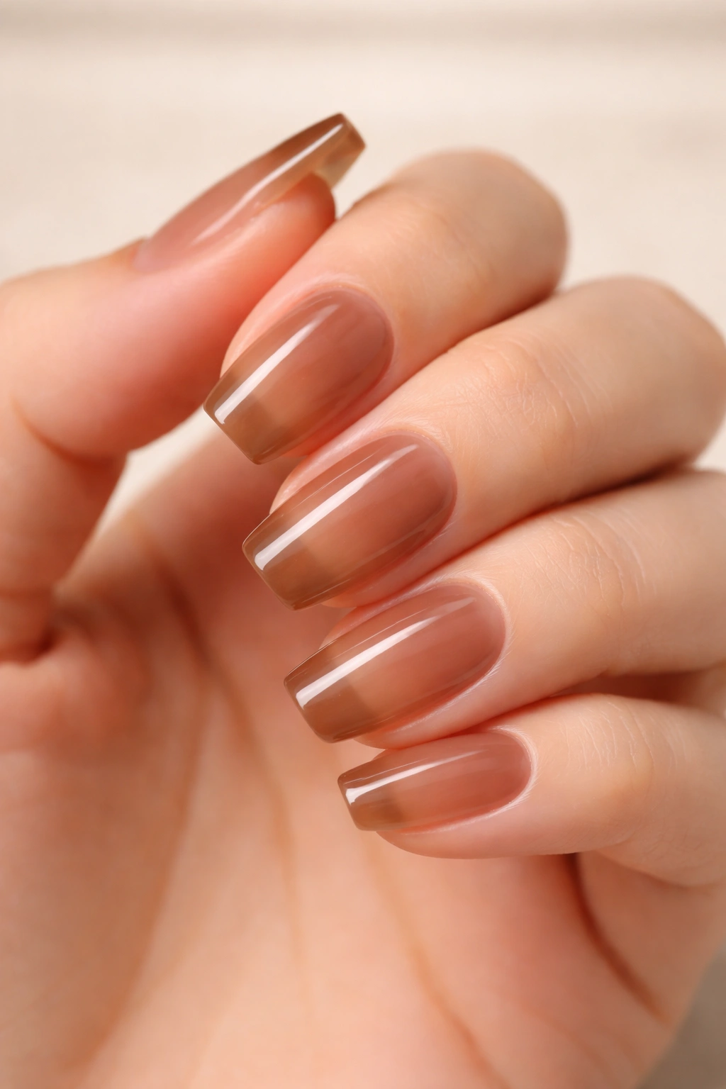 Close-up syrup brown jelly nails on short ballerina nails showing translucent gradient