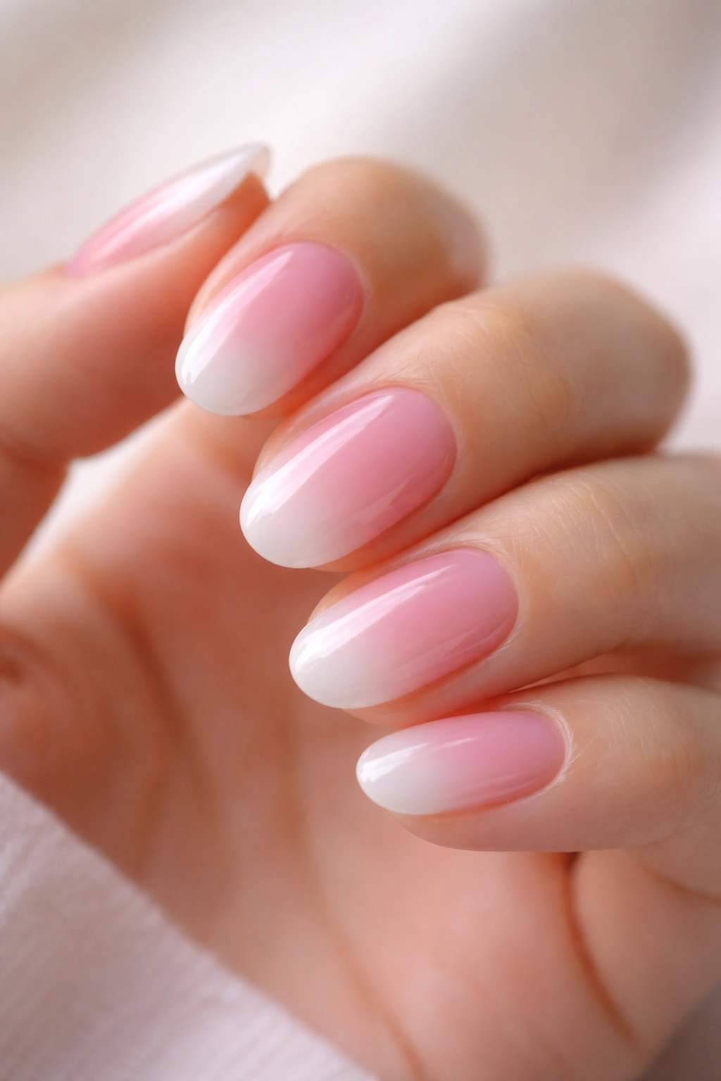 Close-up of short oval nails with jelly pink fade into white and glassy finish