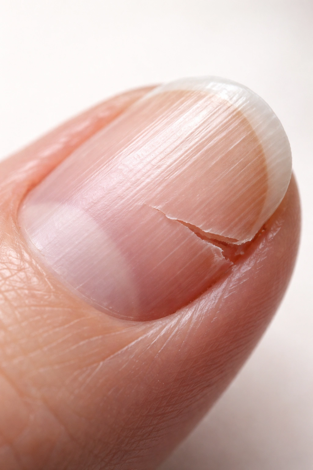 Macro close-up of a fingernail with a crack showing keratin layers