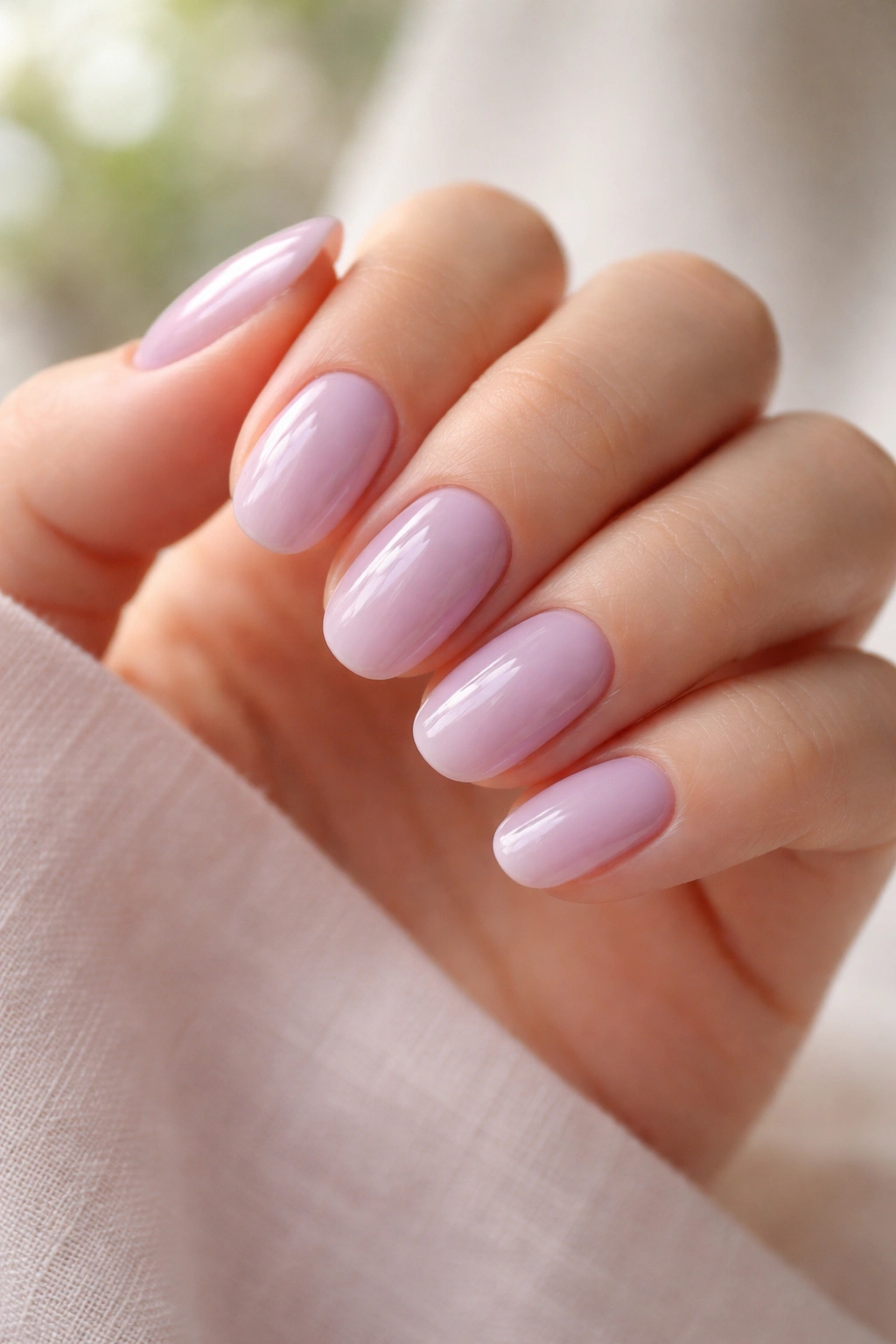 Close-up of short oval nails in lavender milk polish with a translucent finish