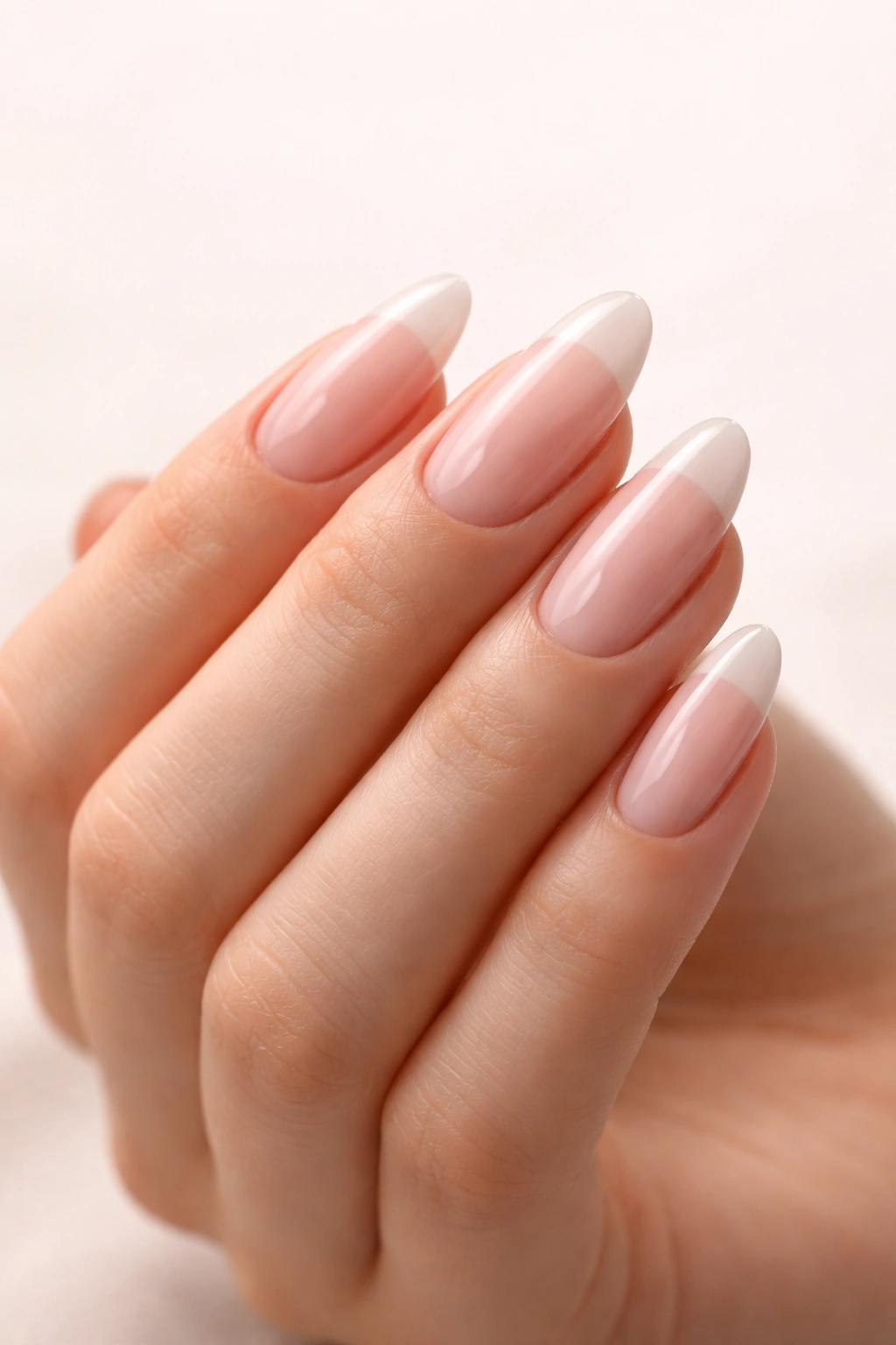 Close-up of a hand showing sustainable medium-long nail length on a neutral background