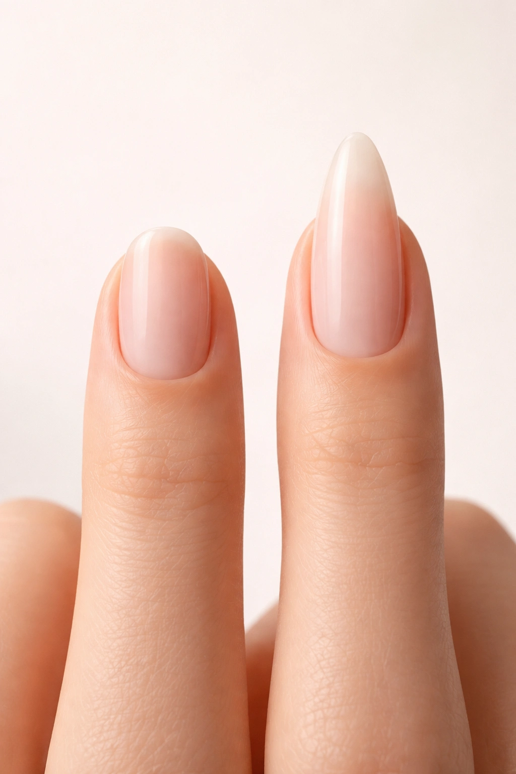 Close-up of short round nail and long almond nail to show length and shape contrast