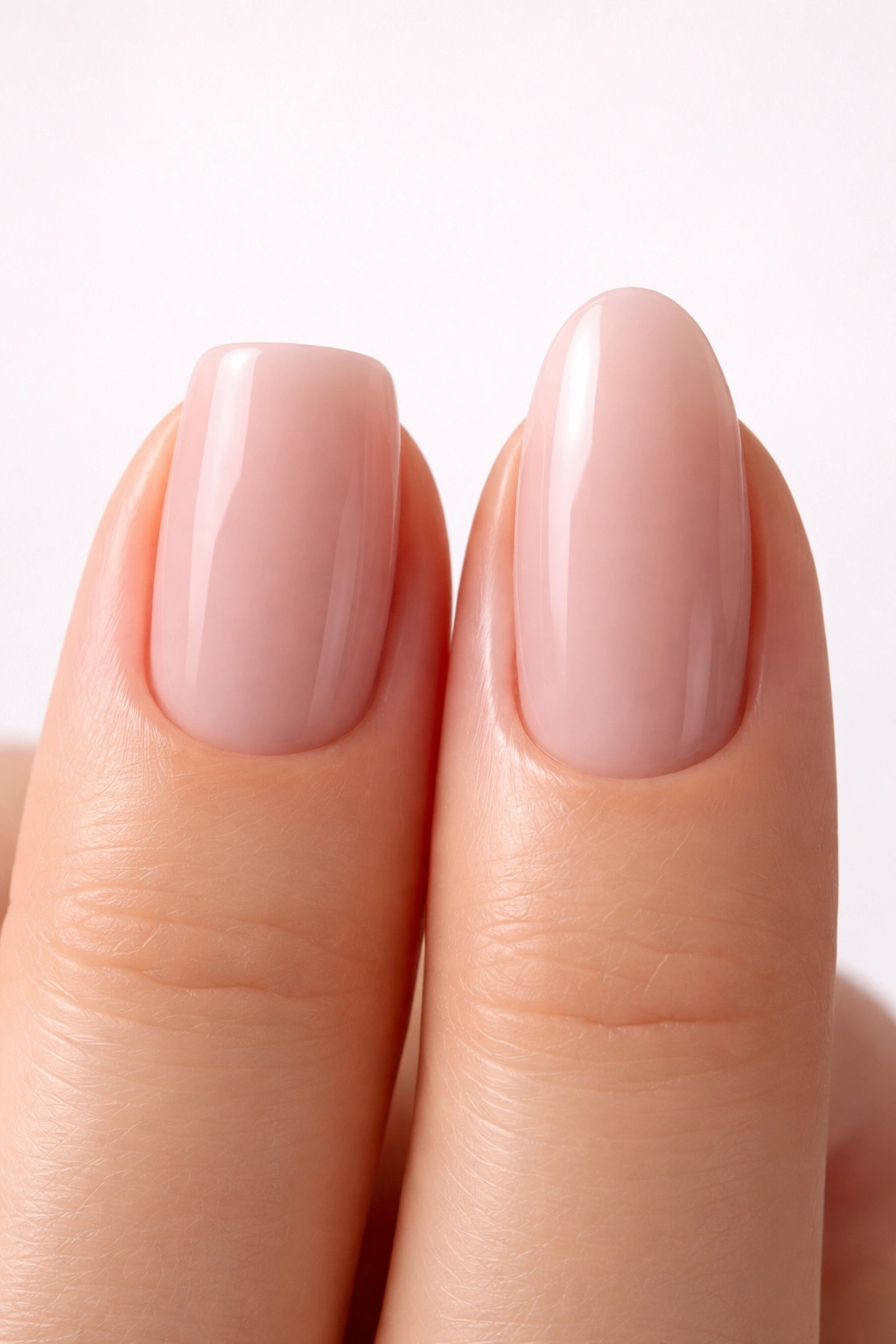 Close-up of squoval and oval nails at mid-length showing ideal proportions
