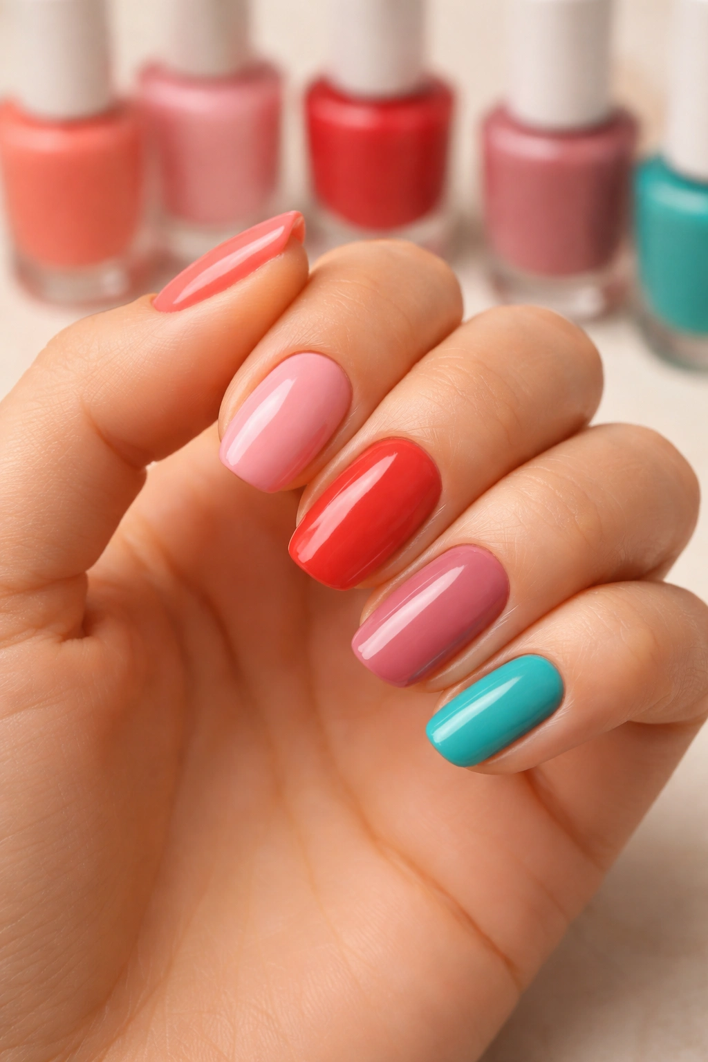 Close-up of nails on light to medium skin painted in pink, coral, red, mauve, and teal.