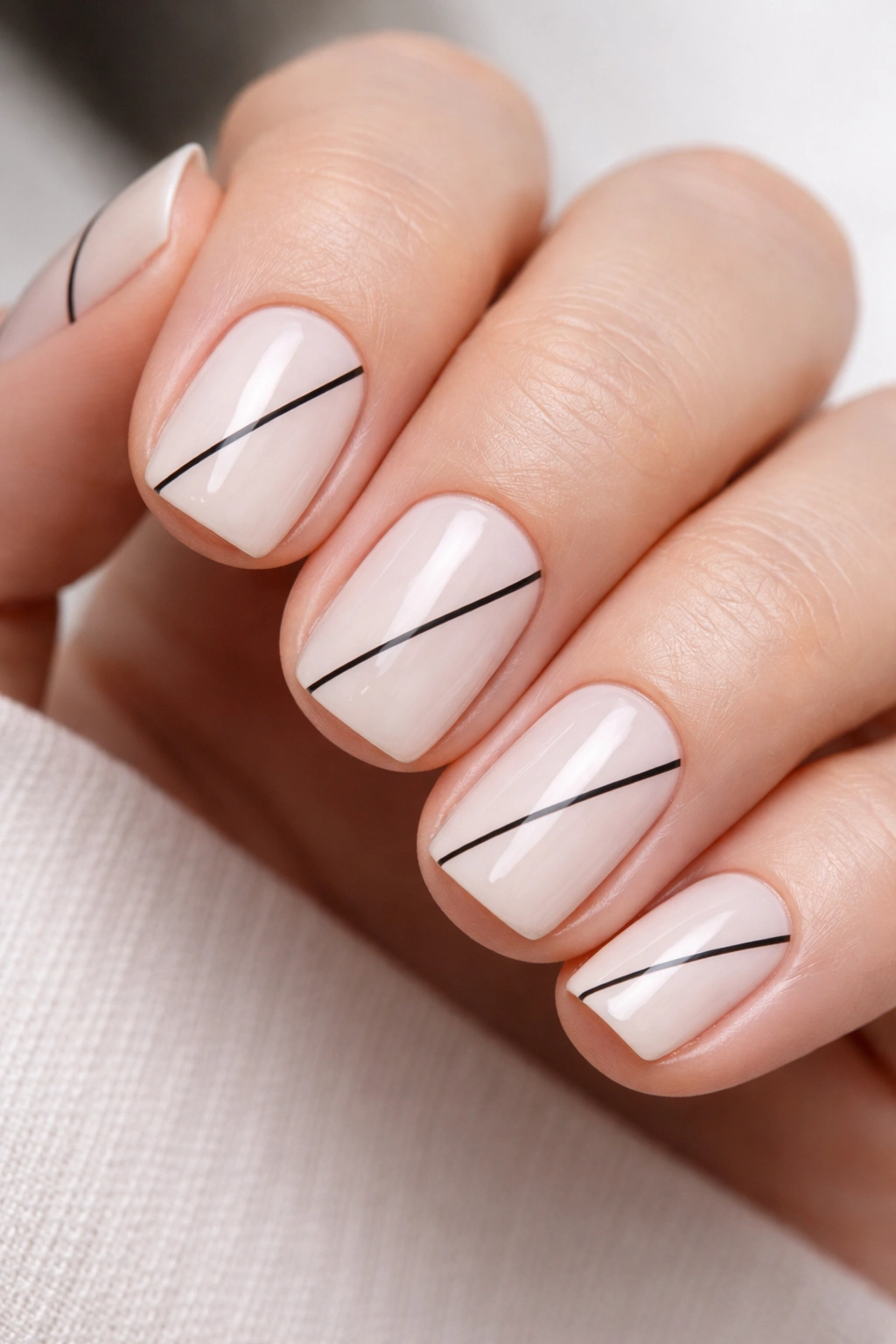Short squoval nails with pale base and black diagonal line geometric design