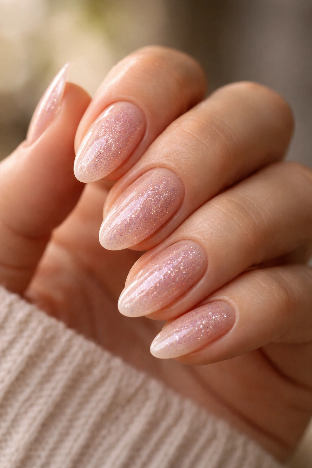 Hand with short almond nails showing longer illusion via vertical glitter fade