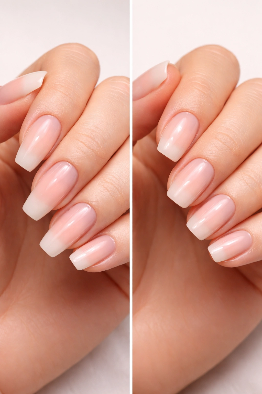 Hands showing growth on coffin nails and smooth squoval nails to illustrate maintenance needs