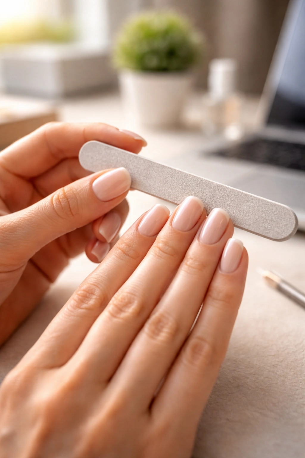 Close-up of hands filing nails to maintain a work-appropriate shape on a neutral desk