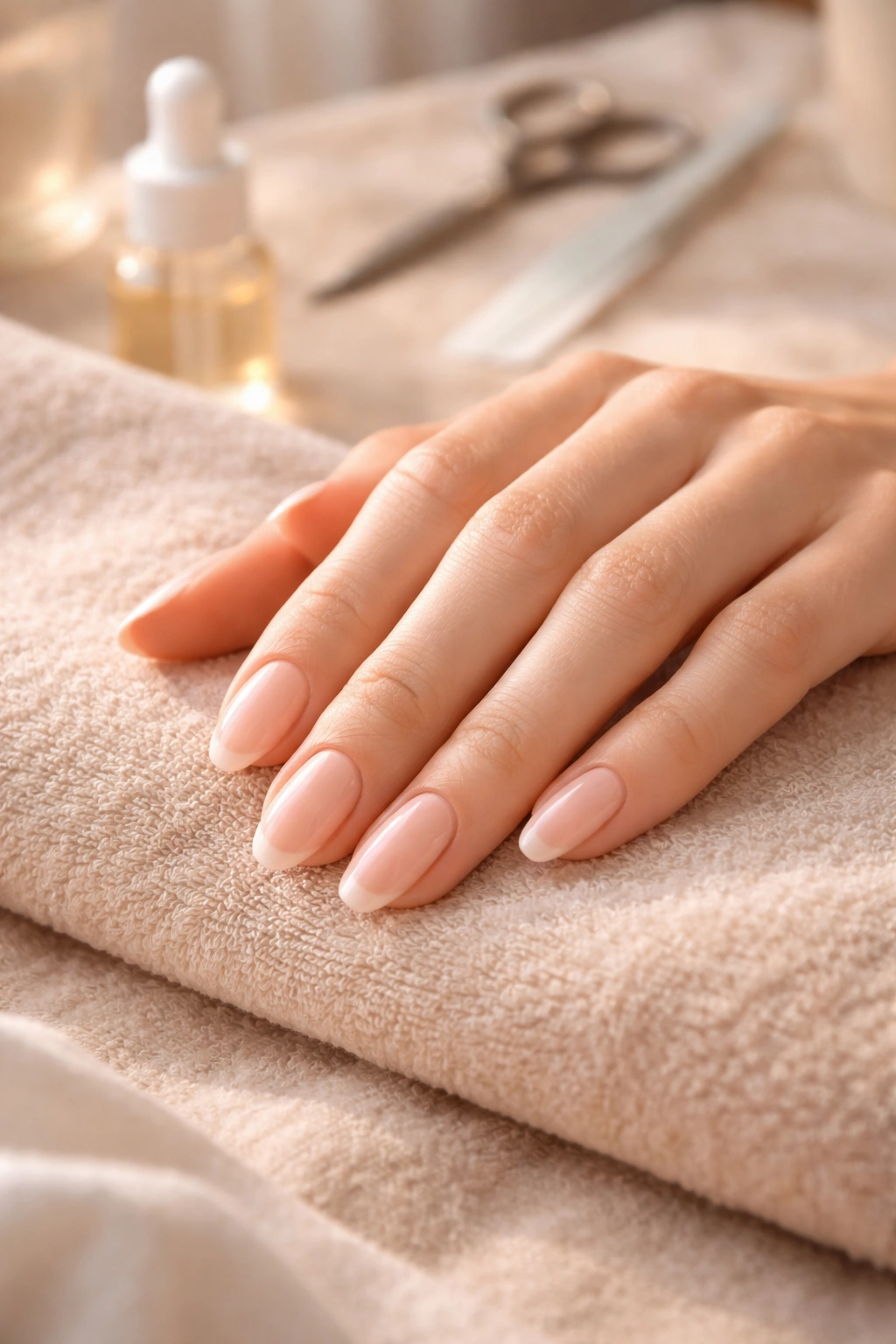 Close-up of neatly shaped nails on hands resting on a soft surface, symbolizing the wrap-up of a home manicure