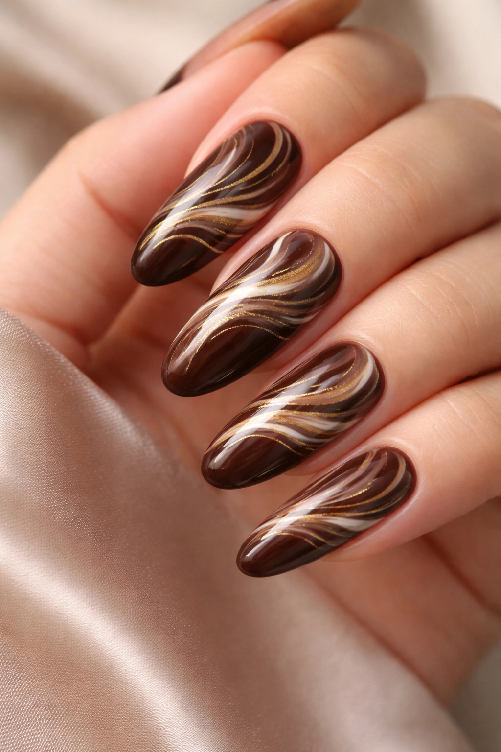 Close-up of chocolate brown nails with white and gold marble swirl patterns on long round nails