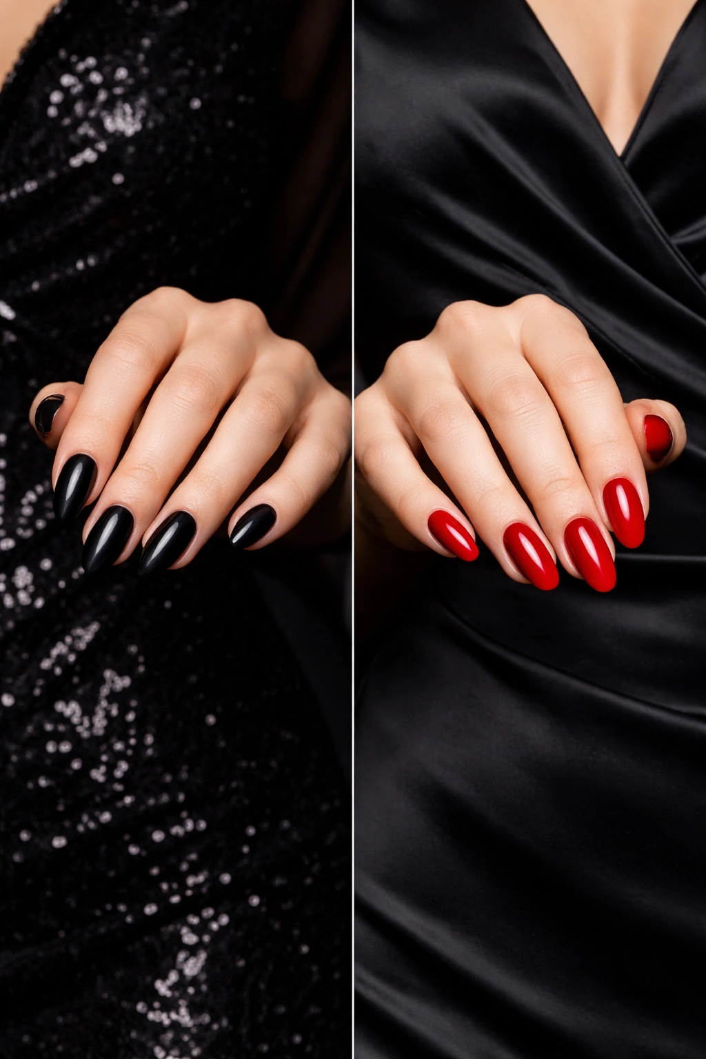 Hands displaying matched black nails and contrasting red nails against dark fabric