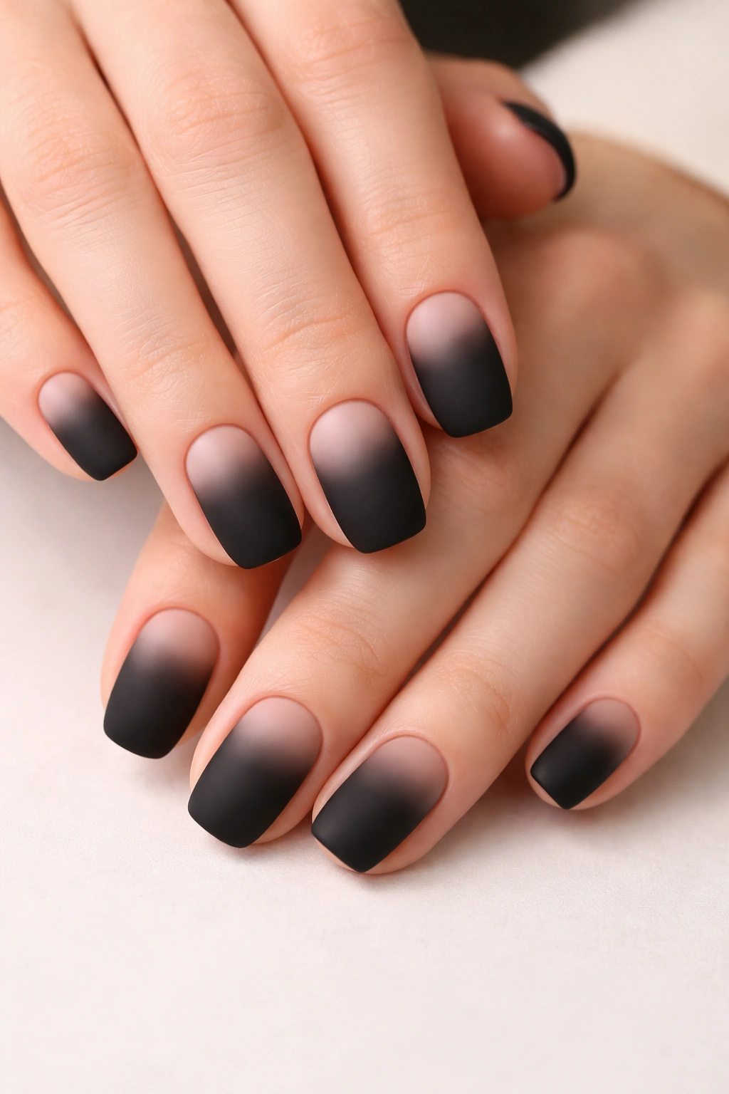 Close-up of matte black nails with nude gradient at the base