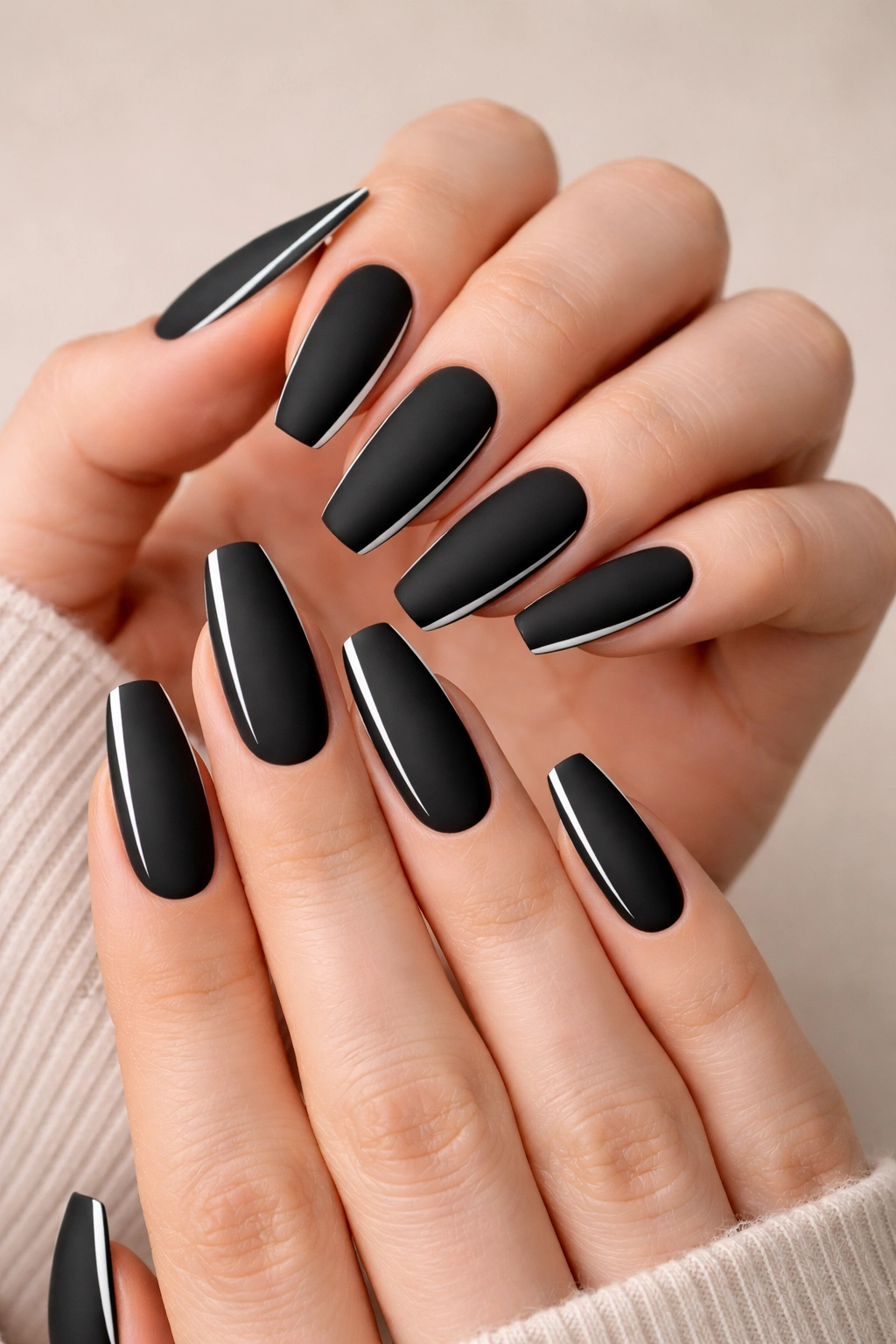 Close-up of matte black nails with a slim white side stripe