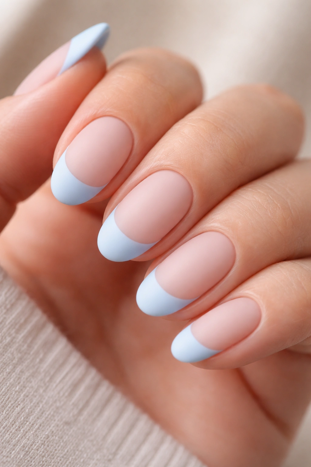 Close-up of matte light blue French nails on short almond nails with pink base