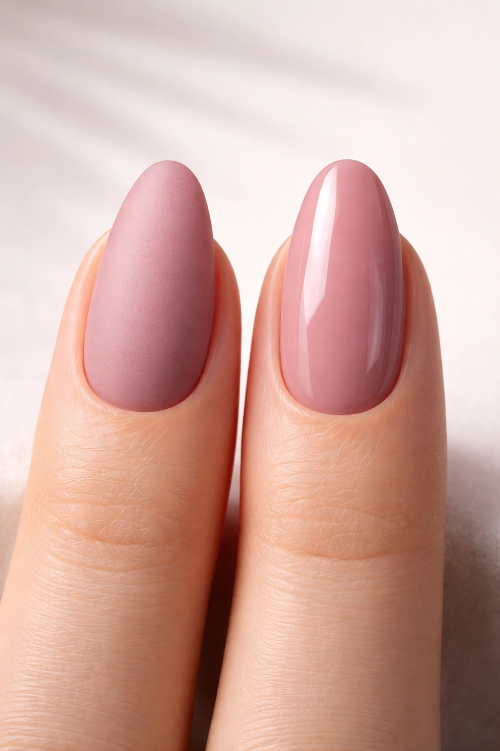 Close-up of two nails with matte and glossy finishes on a neutral background