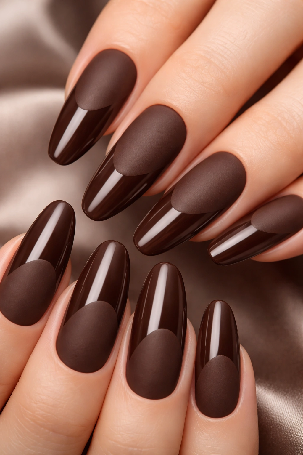 Nails with matte and glossy texture contrast on chocolate brown base