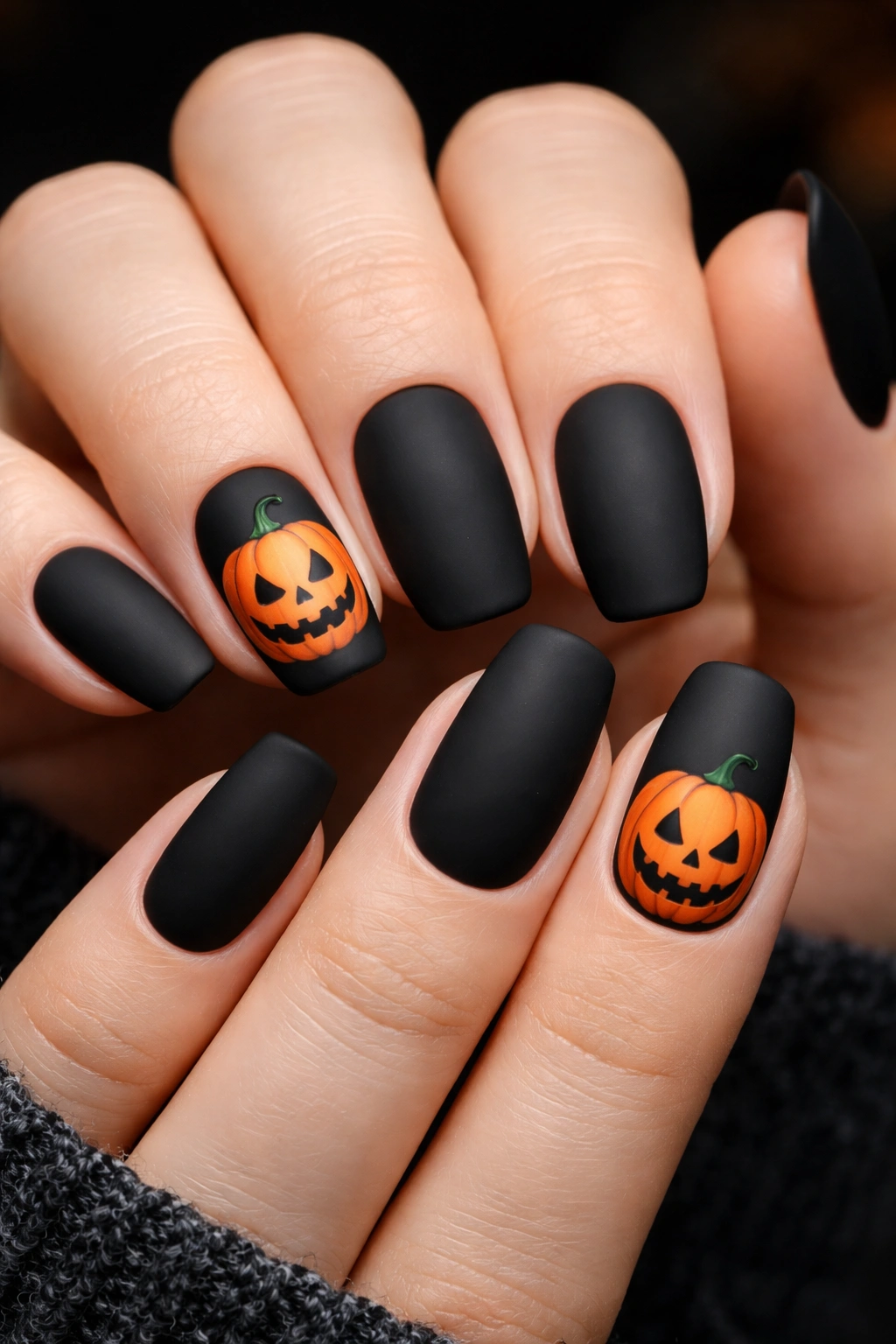 Close-up of matte nails with orange pumpkin accents