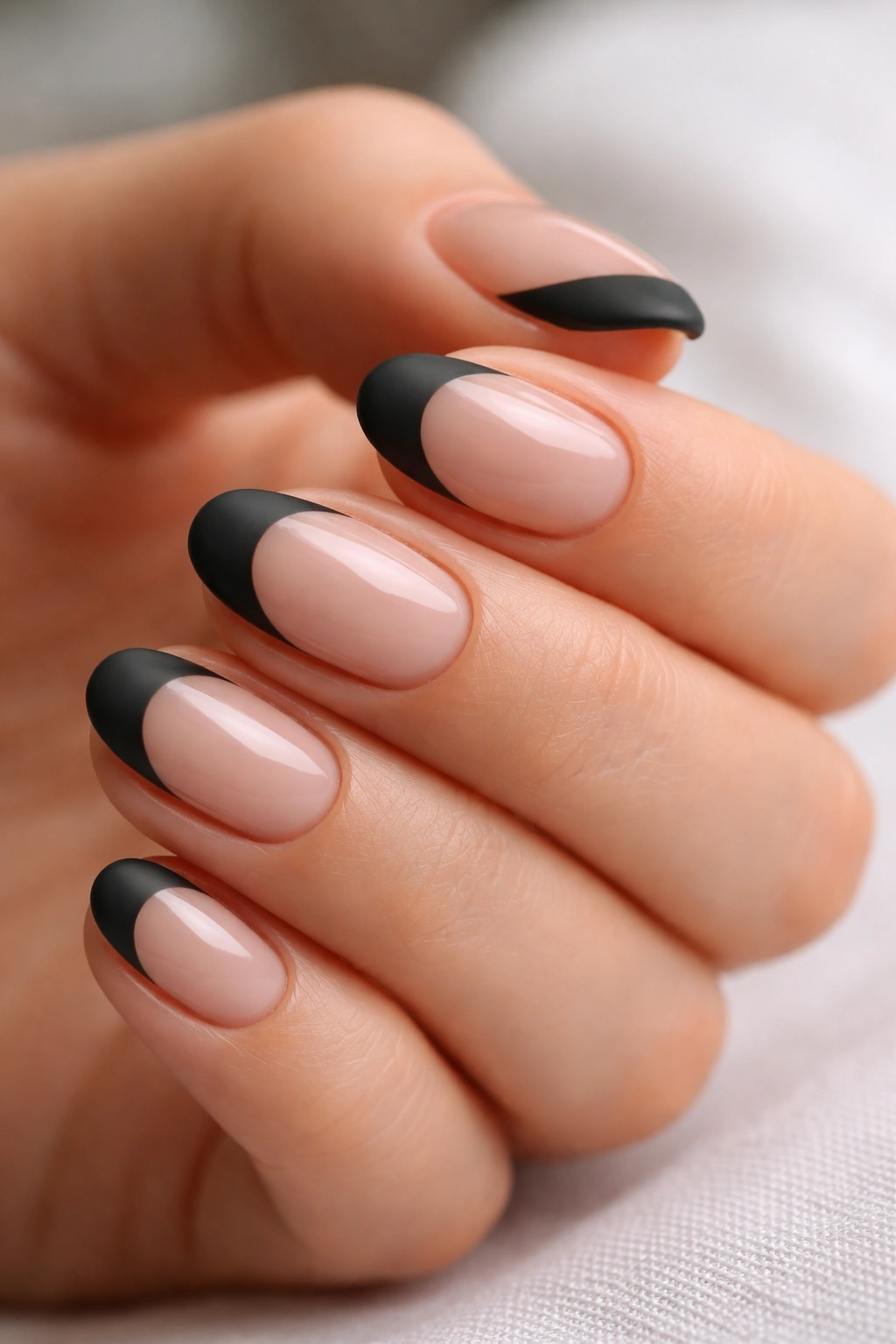 Close-up of short oval nails with matte black tips on a glossy base