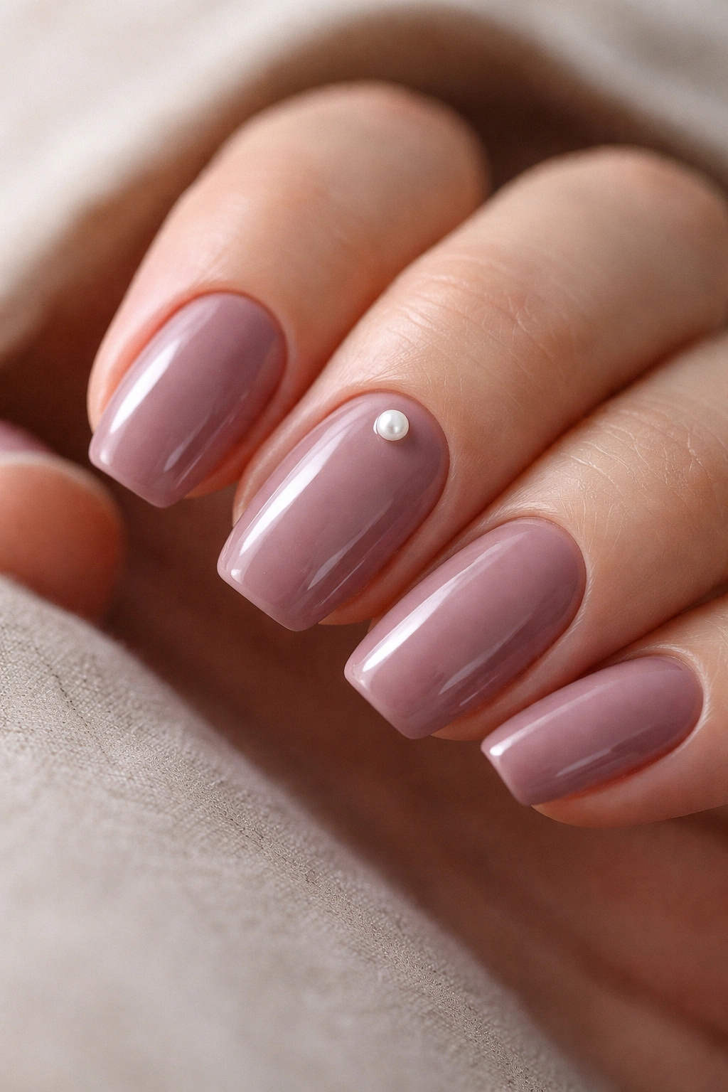 Close-up mauve nails with a single tiny pearl accent on a short ballerina nail