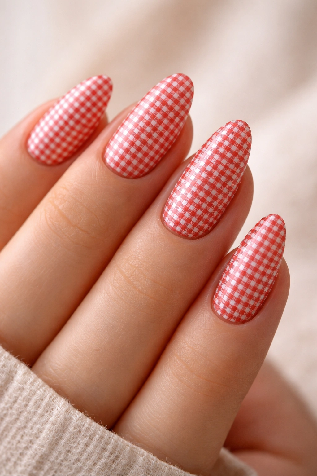 Short almond nails with tiny micro-check pattern