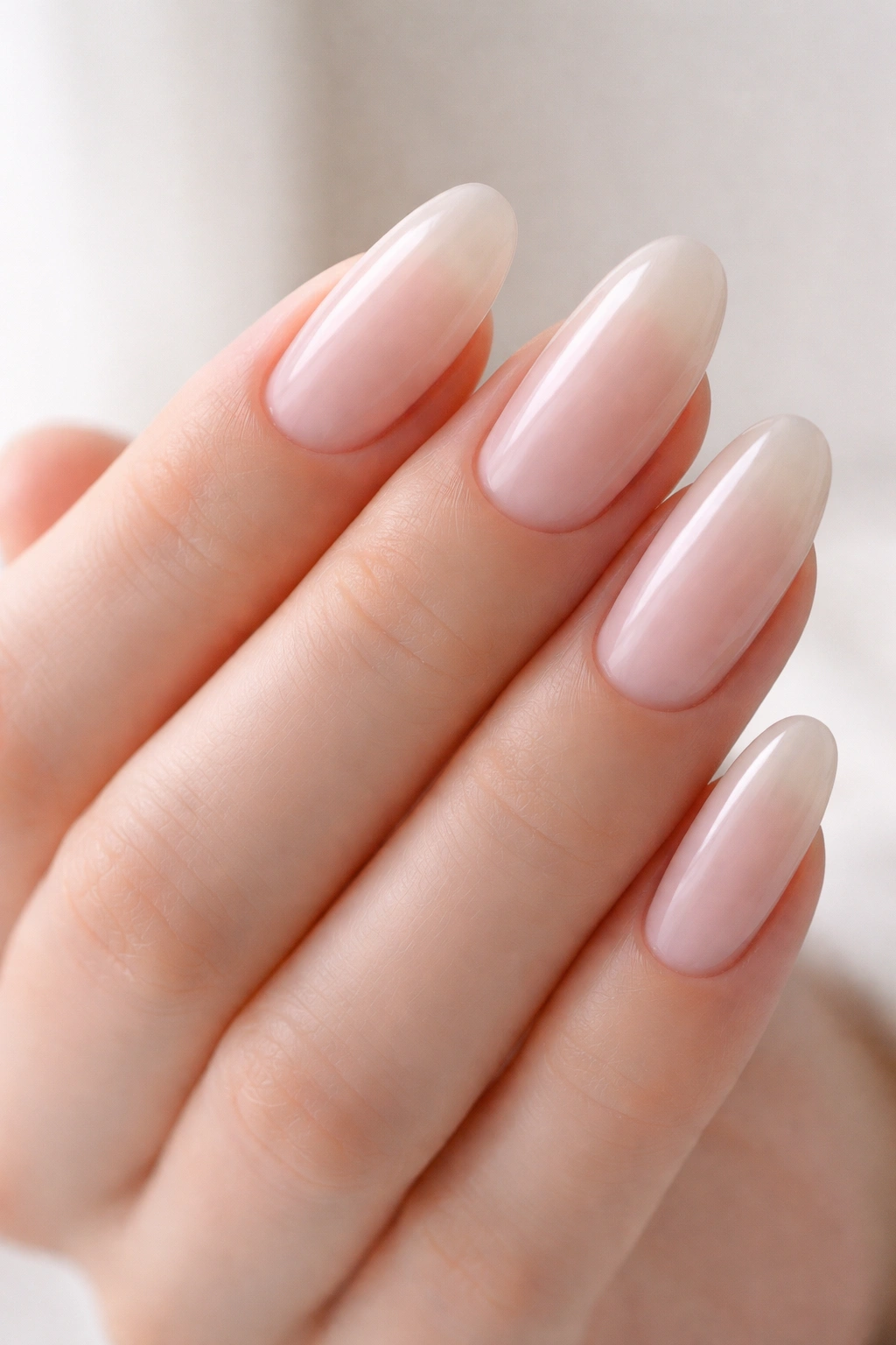 Oval nails with milky translucent base and subtle blush undertone